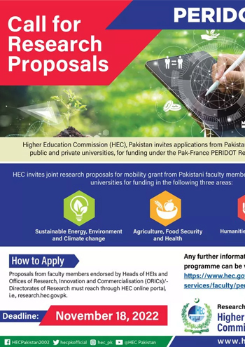 Pak-France PERIDOT Research Programme 2023 - Call for Research Proposals