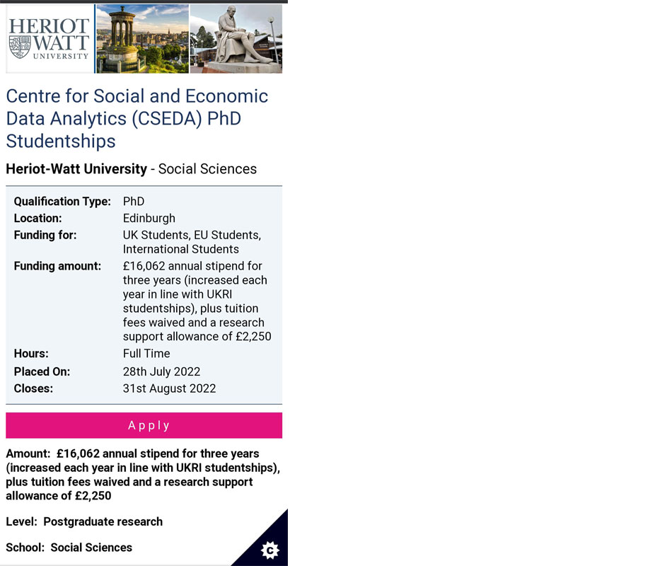 PhD Studentships - Economics and Accountancy & Finance | CSEDA, Heriot-Watt University, UK