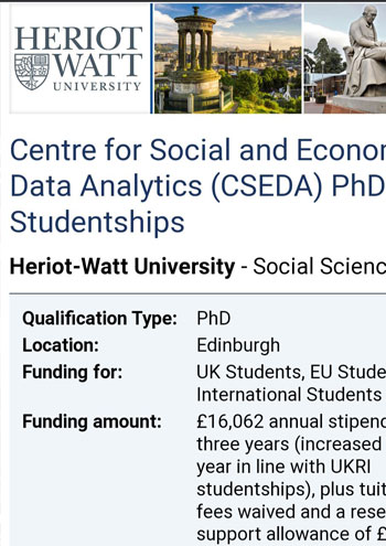 PhD Studentships - Economics and Accountancy & Finance | CSEDA, Heriot-Watt University, UK
